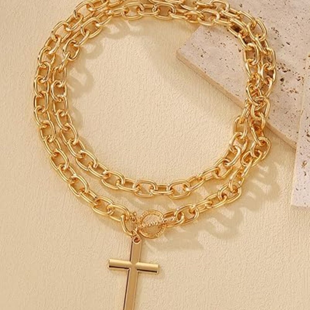 Chunky Gold Cross Necklace for Women Layered Necklace Retro Big - Picture 3 of 5